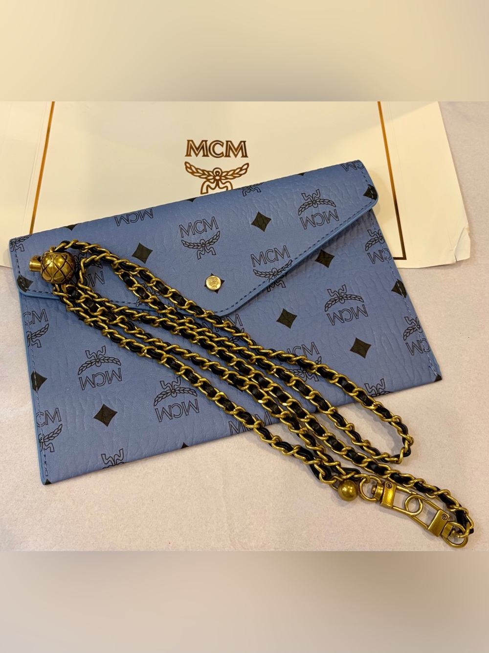 NIB MCM Sky Blue Logo Envelope Clutch/Crossbody. Includes classy chain/box/dusty - Picture 7 of 8